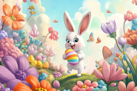 A delightful cartoon bunny holding a rainbow-stripped Easter egg, happily hopping through a candy-colored landscape filled with oversized flowers and magical creatures.の素材