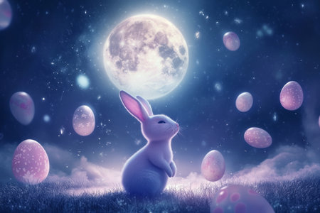 A glowing, otherworldly Easter Bunny standing under a full moon, surrounded by softly floating Easter eggs that emit a dreamy, ethereal glow.の素材