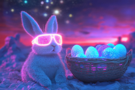A futuristic Easter Bunny wearing glowing glasses, sitting next to a holographic basket of glowing Easter eggs in a high-tech, sci-fi landscape.の素材