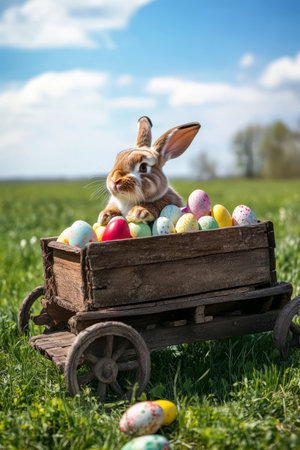 A charming Easter Bunny riding in a wooden cart, filled with hand-painted Easter eggs, surrounded by lush green fields.の素材