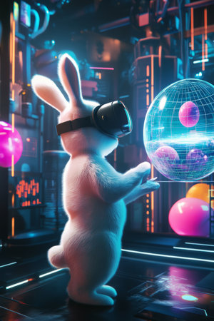 A futuristic Easter Bunny wearing a VR headset, interacting with a holographic Easter egg display.の素材