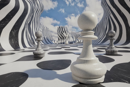 A dreamlike, gravity-defying chessboard landscape, where giant chess pieces float in mid-air, casting impossible shadows on the swirling marble patterns below.の素材