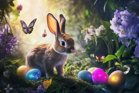 A curious Easter Bunny exploring an enchanted garden, surrounded by magical glowing eggs and delicate butterflies.の素材