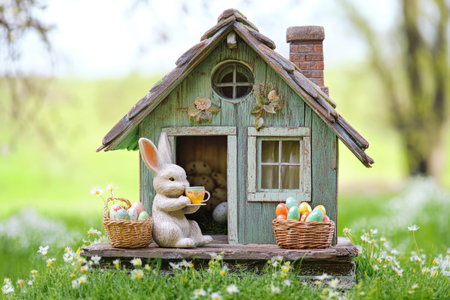 A cozy cottage in a spring meadow with an Easter Bunny sitting on the porch, sipping tea, while a basket of painted Easter eggs rests beside it.の素材
