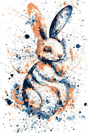 A modern abstract Easter Bunny silhouette made of swirling paint splashes in peach fuzz, chambray blue, and burnt orange tones.の素材