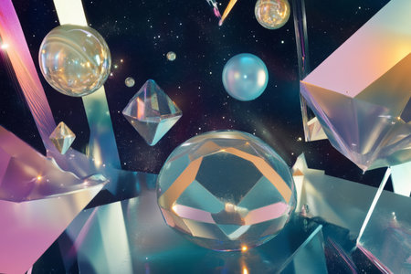 A hyper-realistic surrealist background with floating geometric forms, iridescent reflections, and impossible shapes in a cosmic void.の素材