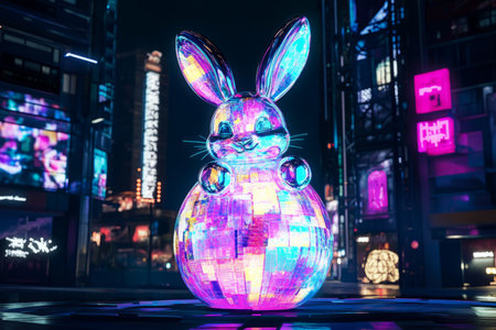 A glowing, abstract Easter Bunny with multiple shimmering patterns, sitting on top of a giant, iridescent Easter egg in the middle of a futuristic city.の素材