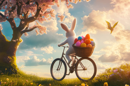 A joyful Easter Bunny riding a bicycle with a basket full of vibrant, glowing eggs, as it pedals through a beautiful spring landscape.の素材