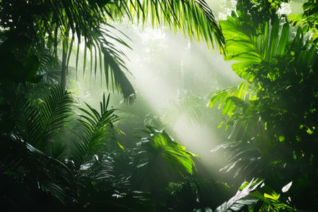 A dense tropical jungle canopy background with rich green foliage, soft sunlight beams, and misty, humid air.の素材