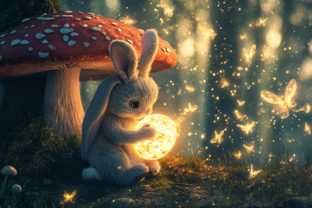A fairytale-inspired Easter Bunny sitting beneath a giant mushroom, holding a glowing Easter egg, while tiny fireflies dance around.の素材