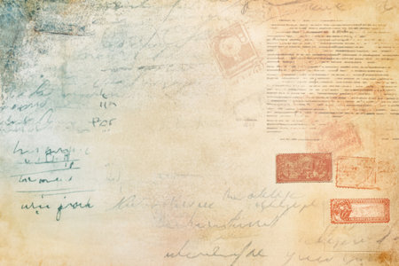 A faded retro postcard background with nostalgic travel stamps, handwritten notes, and warm pastel color washes.の素材