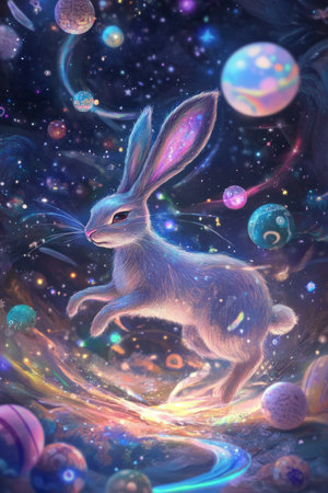 A fantasy-inspired Easter Bunny with long, glowing ears, hopping across a magical landscape filled with twinkling stars and floating Easter eggs.の素材