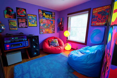 A colorful 90s-themed bedroom featuring a cassette player, lava lamps, a PlayStation 1, bean bag chairs, and vibrant pop art posters on the walls, evoking nostalgia for the era.の素材