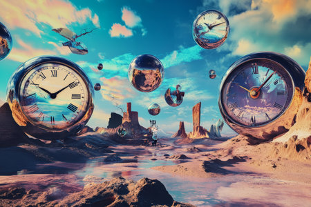 A mind-bending surreal background featuring melting clocks, distorted landscapes, and levitating spheres.の素材