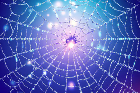 A glistening dewdrop-covered spiderweb background with intricate silk strands reflecting ambient light.の素材
