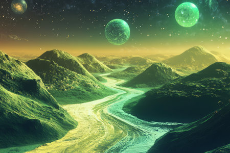 A dreamlike landscape where rivers of liquid gold carve through lush emerald hills, glowing softly under a sky filled with floating crystalline planets.の素材