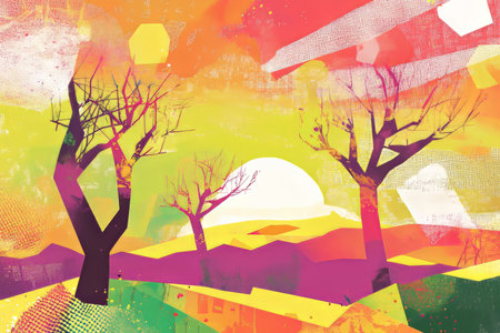 A distorted risograph landscape where trees blend into geometric shapes, the sky is an explosion of color gradients, and textures overlap chaotically.の素材