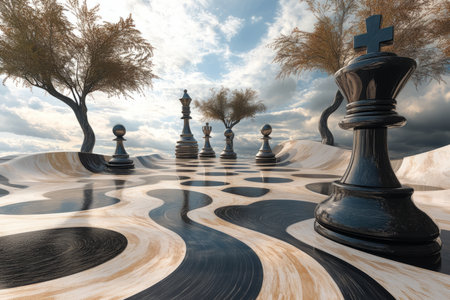 A dreamlike, gravity-defying chessboard landscape, where giant chess pieces float in mid-air, casting impossible shadows on the swirling marble patterns below.の素材
