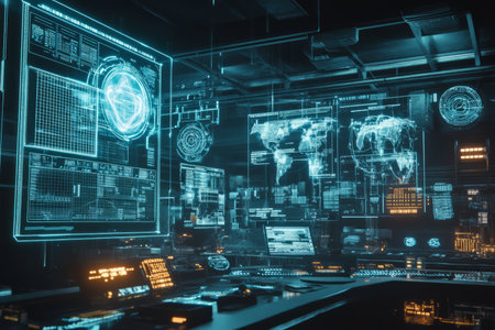 A futuristic AI control center, with massive holographic projections, intricate wireframe models, and glowing control panels floating in mid-air.の素材