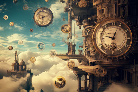 A dreamlike clockwork city where time runs in reverse, with floating gears, surreal architecture, and melting clocks suspended in mid-air.の素材
