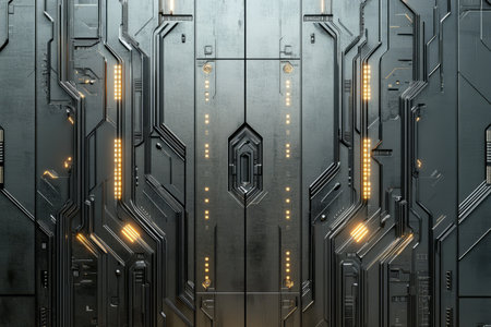 A futuristic biomechanical wall texture with intricate, glowing circuit veins embedded in sleek metallic surfaces.の素材