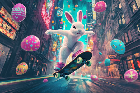 A cool Easter Bunny riding a skateboard through a neon-lit city street, surrounded by digital Easter eggs floating in the air.の素材