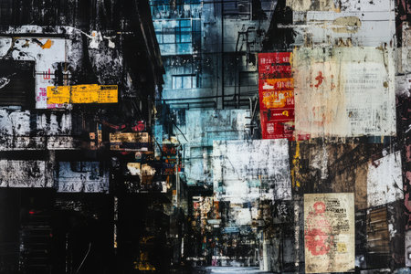 A high-contrast brutalist collage with layered urban elements, worn-out posters, and chaotic street textures.の素材