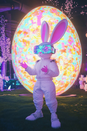 A futuristic Easter Bunny in a digital world, wearing holographic glasses, standing in front of a giant floating Easter egg projection.の素材