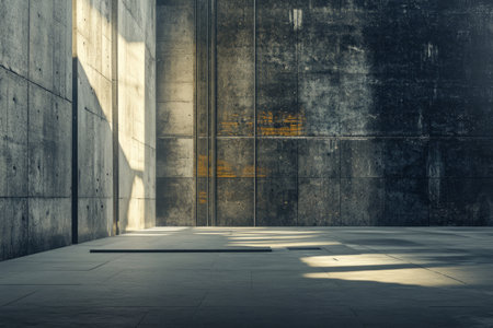 A high-contrast brutalist backdrop with massive stone slabs, sharp metallic elements, and rough, scratched surfaces. An intense, architectural look.の素材