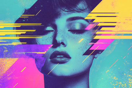 A high-contrast risograph portrait background, featuring misaligned vibrant cyan, magenta, and yellow layers, with abstract ink textures and a grainy halftone effect.の素材