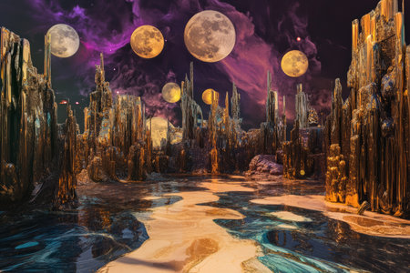 A bizarre surrealist city where buildings melt like wax, sidewalks flow like liquid, and the sky features multiple moons casting soft, multicolored light over the landscape.の素材