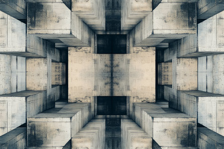 A modernist brutalist abstract pattern with minimalist concrete cubes, layered symmetry, and a cold monochrome feel.の素材