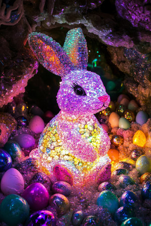 A glowing, crystalized Easter Bunny made entirely of gemstones, sitting in an enchanted cave filled with dazzling, treasure-like Easter eggs.の素材