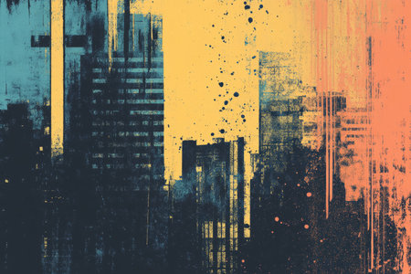A gritty risograph-style cityscape background with high-contrast urban textures and experimental ink layers.の素材