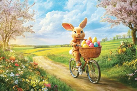 A joyful Easter Bunny riding a bicycle through a countryside path, its basket overflowing with freshly painted eggs.の素材