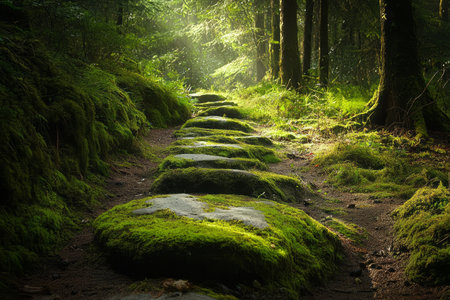 A lush, moss-covered stone pathway winding through a quiet, ancient forest bathed in dappled light.の素材