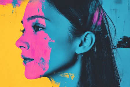 A high-contrast risograph portrait background, featuring misaligned vibrant cyan, magenta, and yellow layers, with abstract ink textures and a grainy halftone effect.の素材