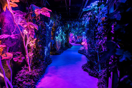 A cybernetic jungle where robotic vines and glowing plants intertwine with neon-lit pathways, creating an otherworldly environment.の素材