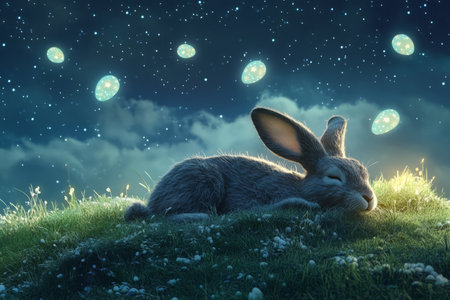 A dreamy Easter Bunny lying on a grassy hill under the night sky, surrounded by glowing Easter eggs floating like stars.の素材