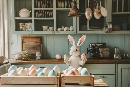 A cozy farmhouse kitchen where an Easter Bunny is carefully placing freshly painted Easter eggs into rustic wooden crates.の素材