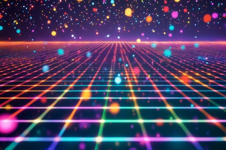 A dynamic 90s roller rink floor pattern with neon gridlines, scattered confetti-like dots, and glowing reflections from colorful disco lights overhead, creating a nostalgic party vibe.の素材