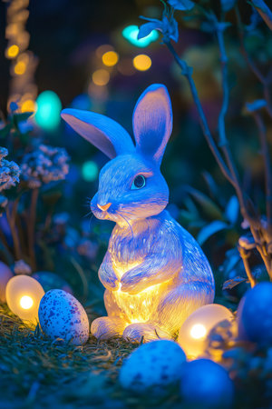 A glowing, bioluminescent Easter Bunny sitting in the middle of an enchanted garden, with softly flickering Easter eggs illuminating the scene.の素材