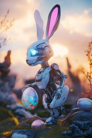 A high-tech robotic Easter Bunny with sleek LED eyes, carrying holographic Easter eggs in a futuristic sci-fi landscape.の素材