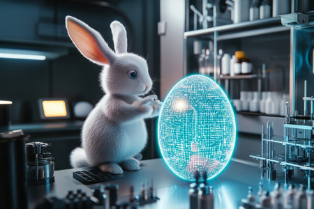 A futuristic Easter Bunny inside a sleek, modern lab, carefully analyzing a holographic Easter egg with intricate digital patterns.の素材