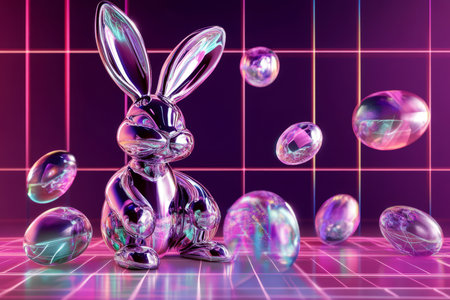 A futuristic Easter Bunny made of sleek metallic textures, standing on a neon grid background with holographic floating Easter eggs.の素材