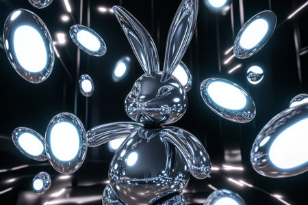 A futuristic Easter Bunny with a silver metallic body, surrounded by glowing, holographic Easter eggs that float in the air like digital art.の素材