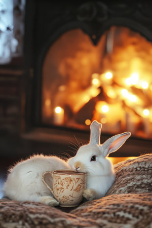 A cozy Easter Bunny sipping hot cocoa by a warm fireplace, its fluffy tail curled up as it enjoys the soft glow of candlelight.の素材