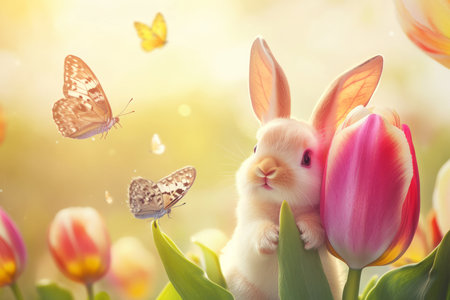 A cute baby Easter Bunny playing hide-and-seek behind a giant tulip, peeking out curiously as butterflies flutter in the soft morning light.の素材
