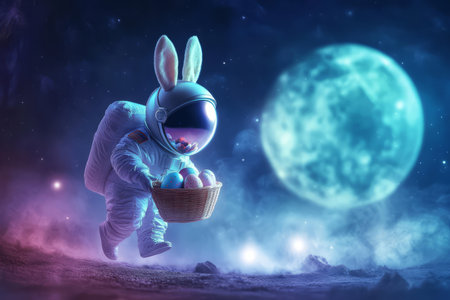 A cosmic Easter Bunny wearing a tiny astronaut helmet, hopping across a glowing moon while carrying a basket of celestial Easter eggs.の素材