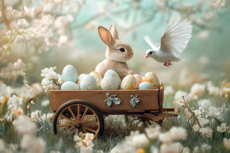 A charming Easter Bunny sitting in a wooden cart filled with beautifully decorated Easter eggs, being pulled by a tiny white dove through a blooming meadow.の素材